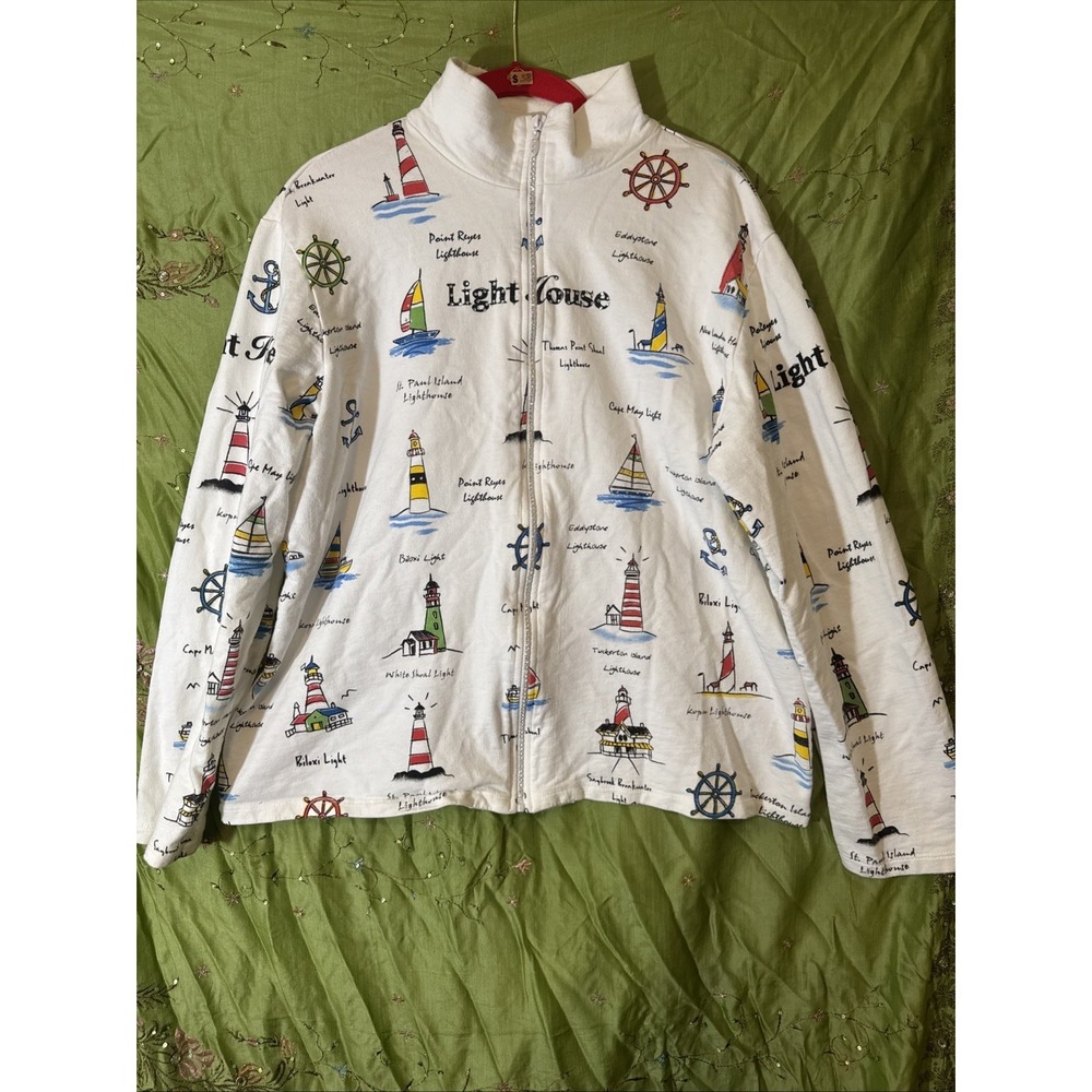 Vintage Lighthouse Sweatshirt Rhinestone Zipper Unique Women's Size Large READ‎